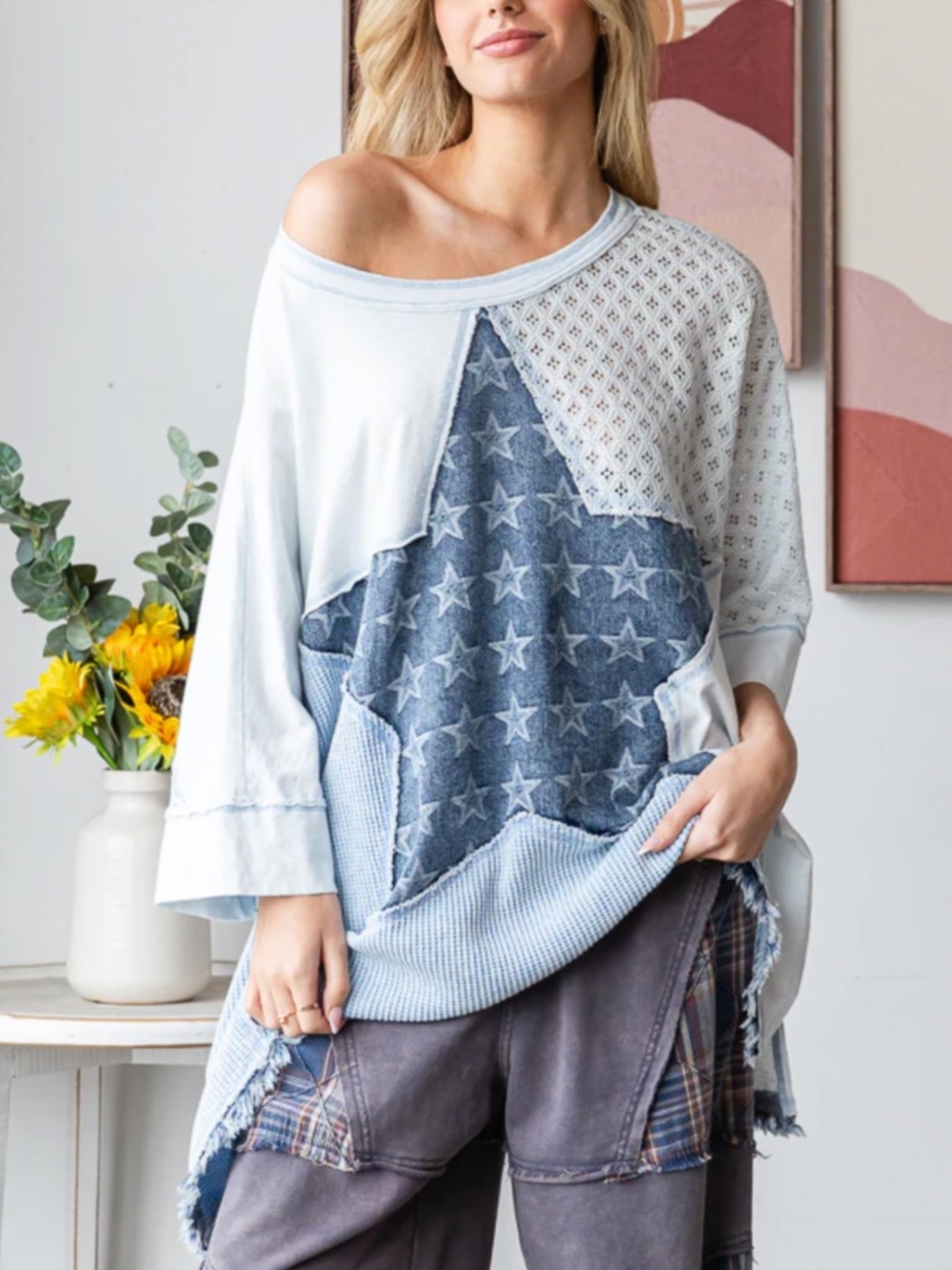 😎 Oli and Hali “ ORLANDO “ Oli & Hali MULTI PRINT PATCHWORK OVERSIZED TOP 60A - Picture 3 of 6